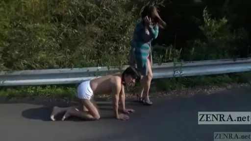 Japanese AV public nudity walking man on leash Subtitled